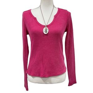 Anthropologie PILCRO Hot Pink Waffle Weave Split Neck Henley
